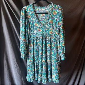 Natural Life Size XS mini dress long sleeve floral blue long sleeve boho cottage